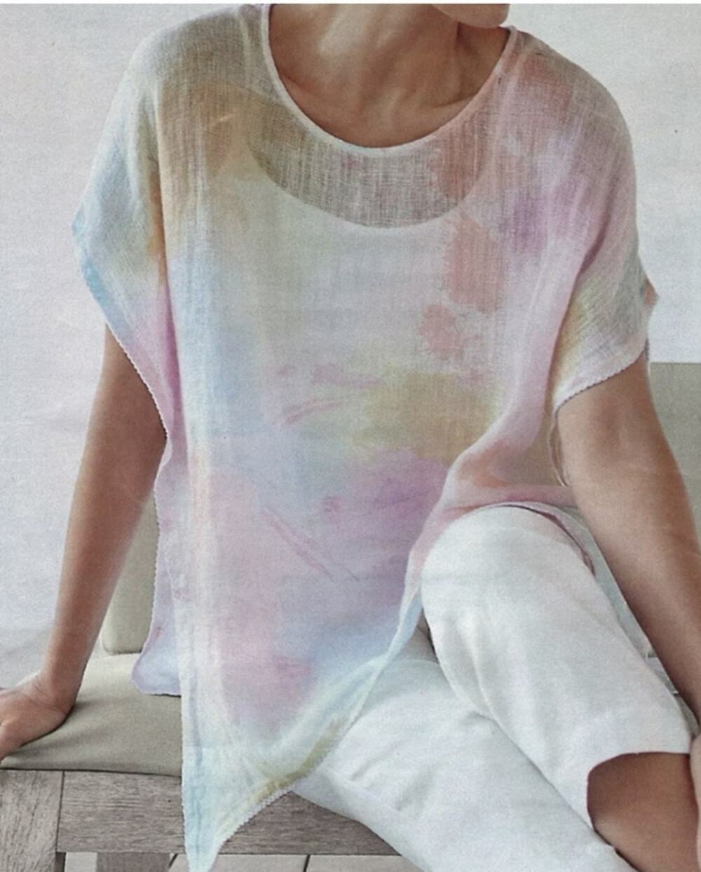 Pure Jill Linen Top XS/S Sheer Pastel Tie Dye Lightweight Boho Summer Blouse